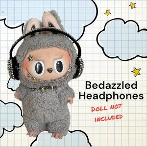 Black  / Silver Bedazzled Rhinestone Headphones for your Labubu